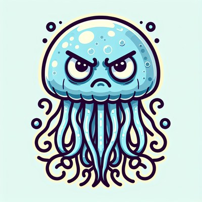 An angry cartoon jellyfish floats in the ocean