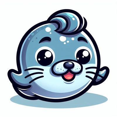 A cute cartoon seal smiles with big eyes