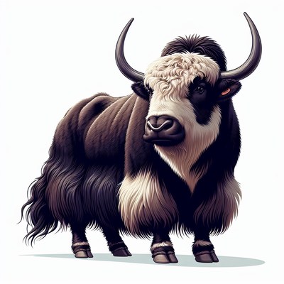 A black and white yak stands against a white background
