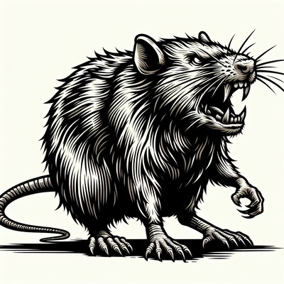 A black and white illustration of a snarling rat
