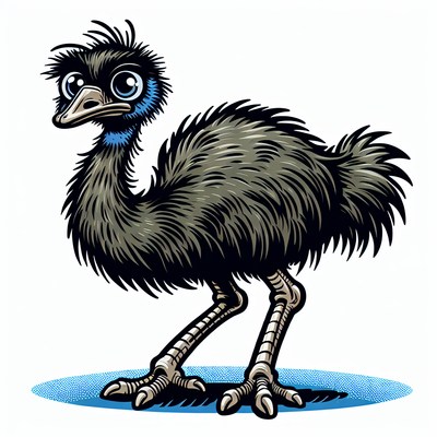 A cartoon emu stands on a blue surface