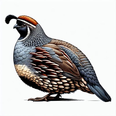 A california quail stands against a white background
