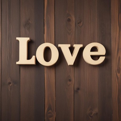 The word love is spelled out on a wooden background