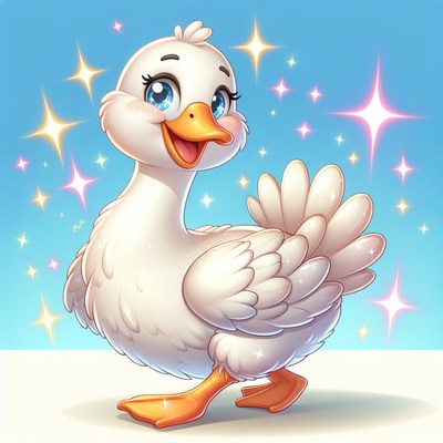 A cute cartoon goose smiles against a blue sky