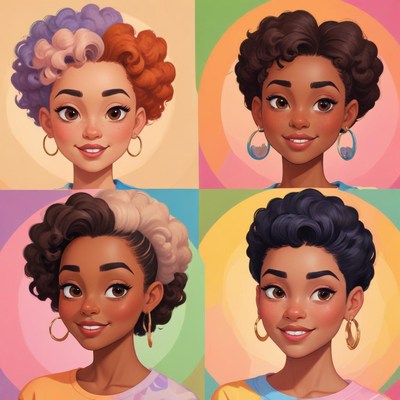 Four young women with varied hairstyles smile