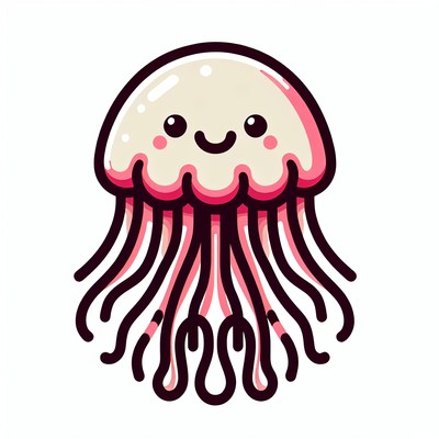 A smiling pink jellyfish with black outlines