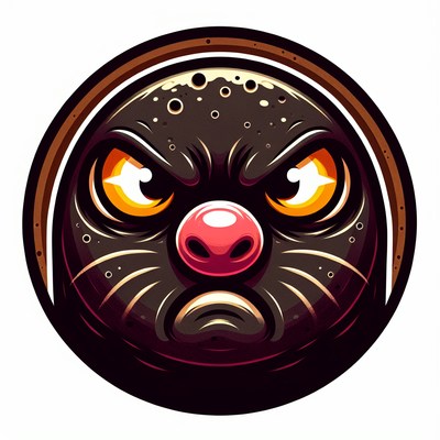 An angry black cat with yellow eyes and a pink nose