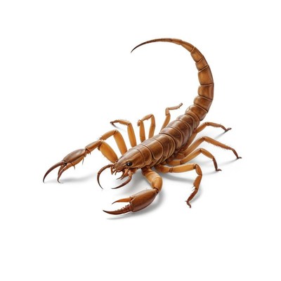 Brown scorpion with raised tail on white background
