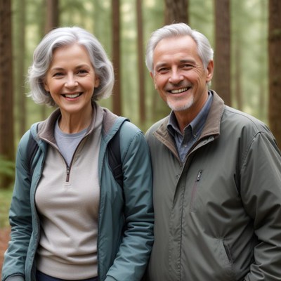 A couple smiles in a forest on a sunny day