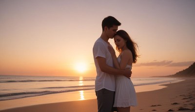 A couple embraces on a beach at sunset