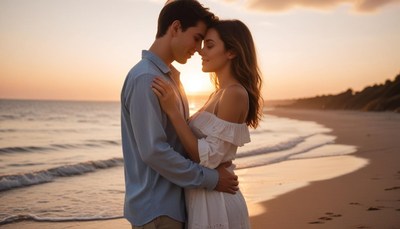 A couple embraces on the beach during a romantic sunset