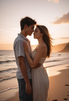 A couple embraces on a sandy beach at sunset