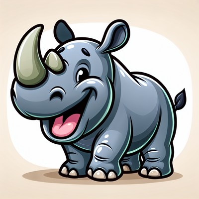 A happy cartoon rhinoceros stands on a beige background