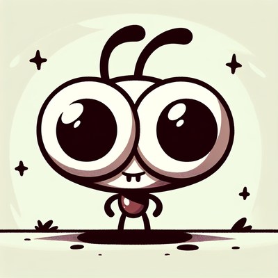 A cartoon ant with big eyes stands in a hole