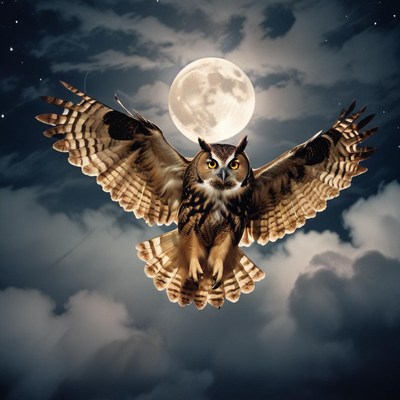 An owl flies under a full moon