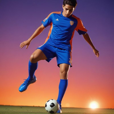 A soccer player controls the ball during a game at sunset