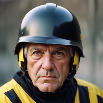 A man wearing a helmet looks directly at the camera