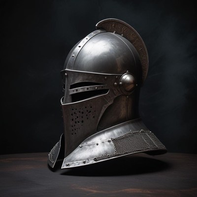 A medieval knight's helmet sits on a dark surface