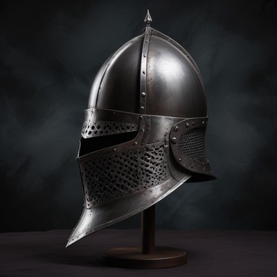 A medieval helmet on a stand