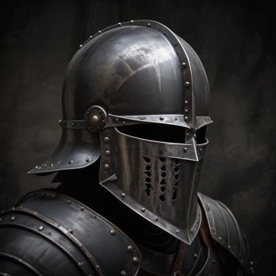 A close-up of a knight's helmet