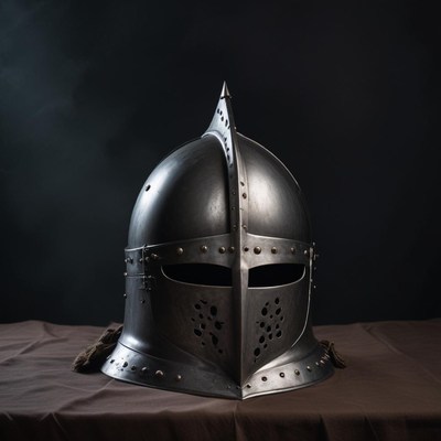 A medieval helmet sits on a dark surface
