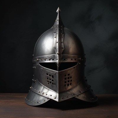 A medieval helmet sits on a wooden table