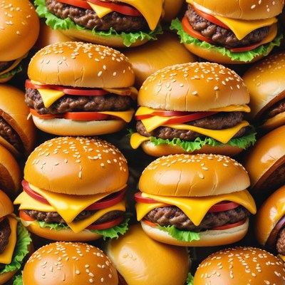 A close-up of cheeseburgers with sesame seed buns