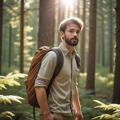 A man walks through a forest on a sunny day
