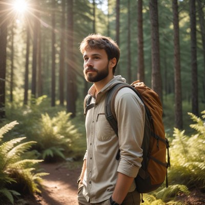 A man hikes through a forest on a sunny day