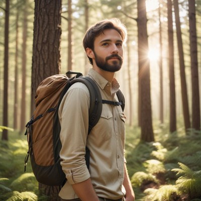 A man with a backpack stands in a forest