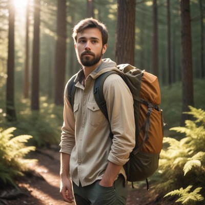 A man with a beard hikes through the forest