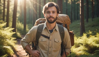 A man hikes through a forest on a sunny day