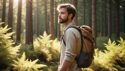 A man with a backpack looks out over the forest