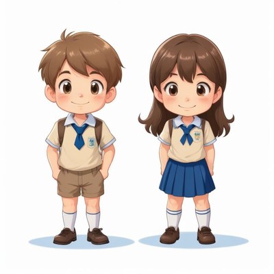 A boy and girl in school uniforms stand side by side