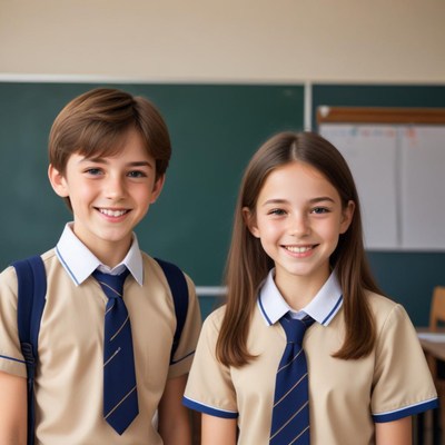 Two children in school uniforms smile in a classroom