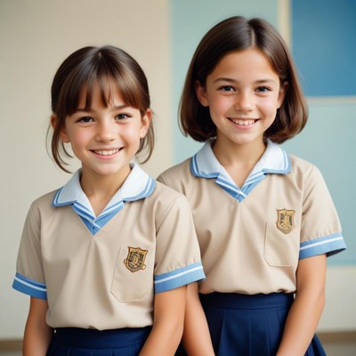 Two girls in school uniform smile at the camera