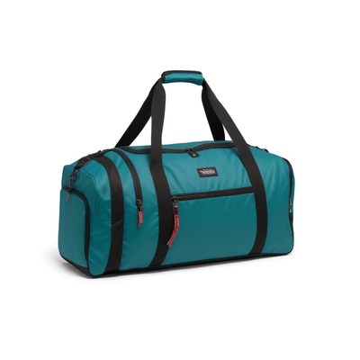 A teal duffel bag with black handles and zippers