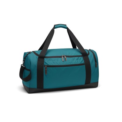A teal duffel bag with black straps