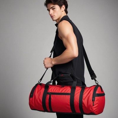 Man with red duffel bag in black sleeveless shirt