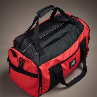 A red and black duffel bag lays on a gray surface