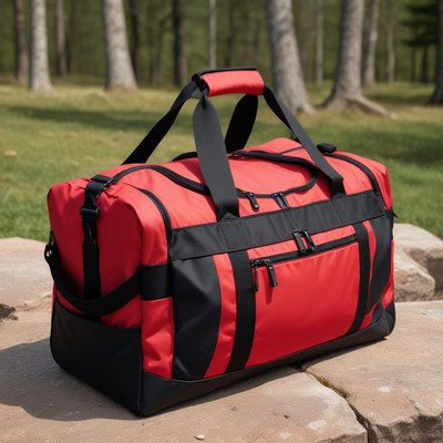 A red duffel bag sits on rocks in a park
