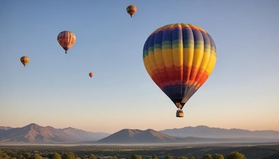 Colorful hot air balloons fly over mountains at sunrise