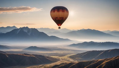 Balloon floats over valley at sunrise