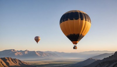 Two hot air balloons fly over mountains at sunrise