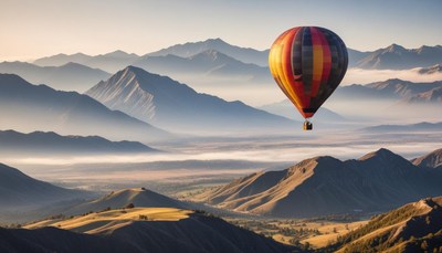 Hot air balloon floats over a valley and mountains