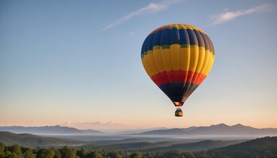 A hot air balloon soars over the mountains at sunrise