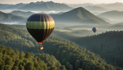 A hot air balloon floats above a misty valley