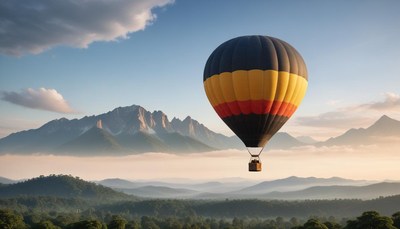 Colorful balloon soars above mountains at sunrise
