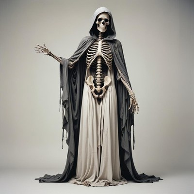 A skeletal figure stands in a long robe