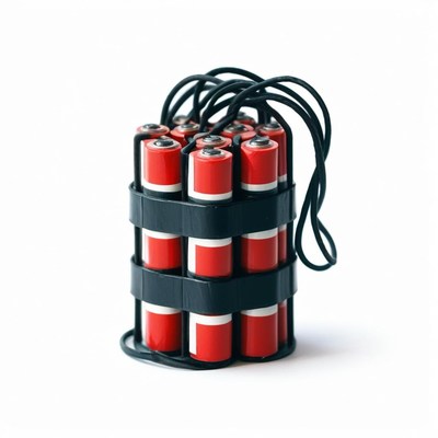A stack of red batteries in a black holder